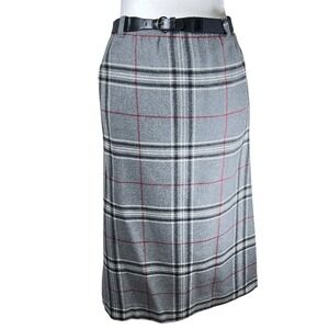 Vtg Prestige of Boston Gray Plaid Pencil Skirt Belted Classic‎ Women's Size 14